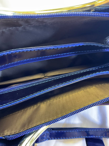 Royal Blue Patent Leather Style Goldtone Accent Zipper Tote Handbag