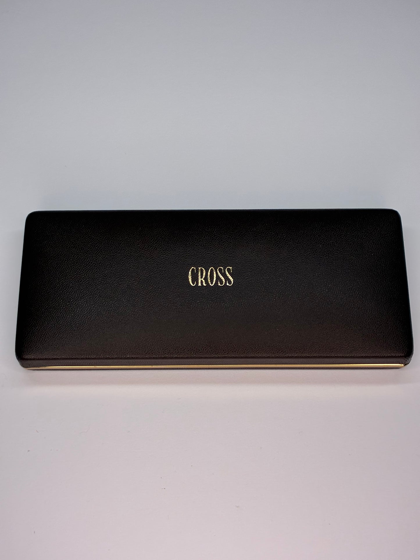 Cross Two-Piece Silvertone Ballpoint Pen Set Blue and Black Ink in Brown Leather Case with Goldtone Trim Lettering