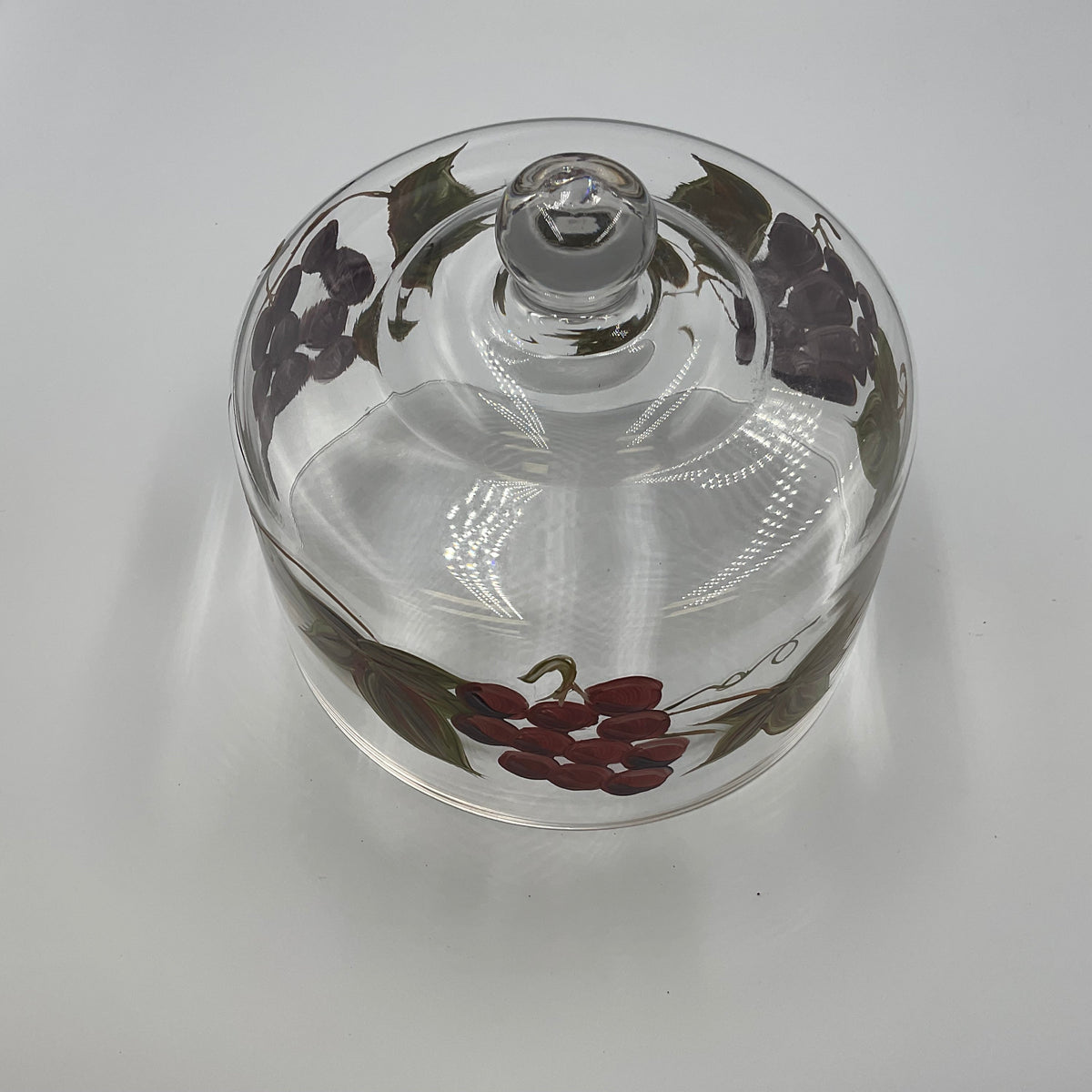 Vintage Hand Painted Glass Cheese Dome Cloche Grape Vine Fruit Design