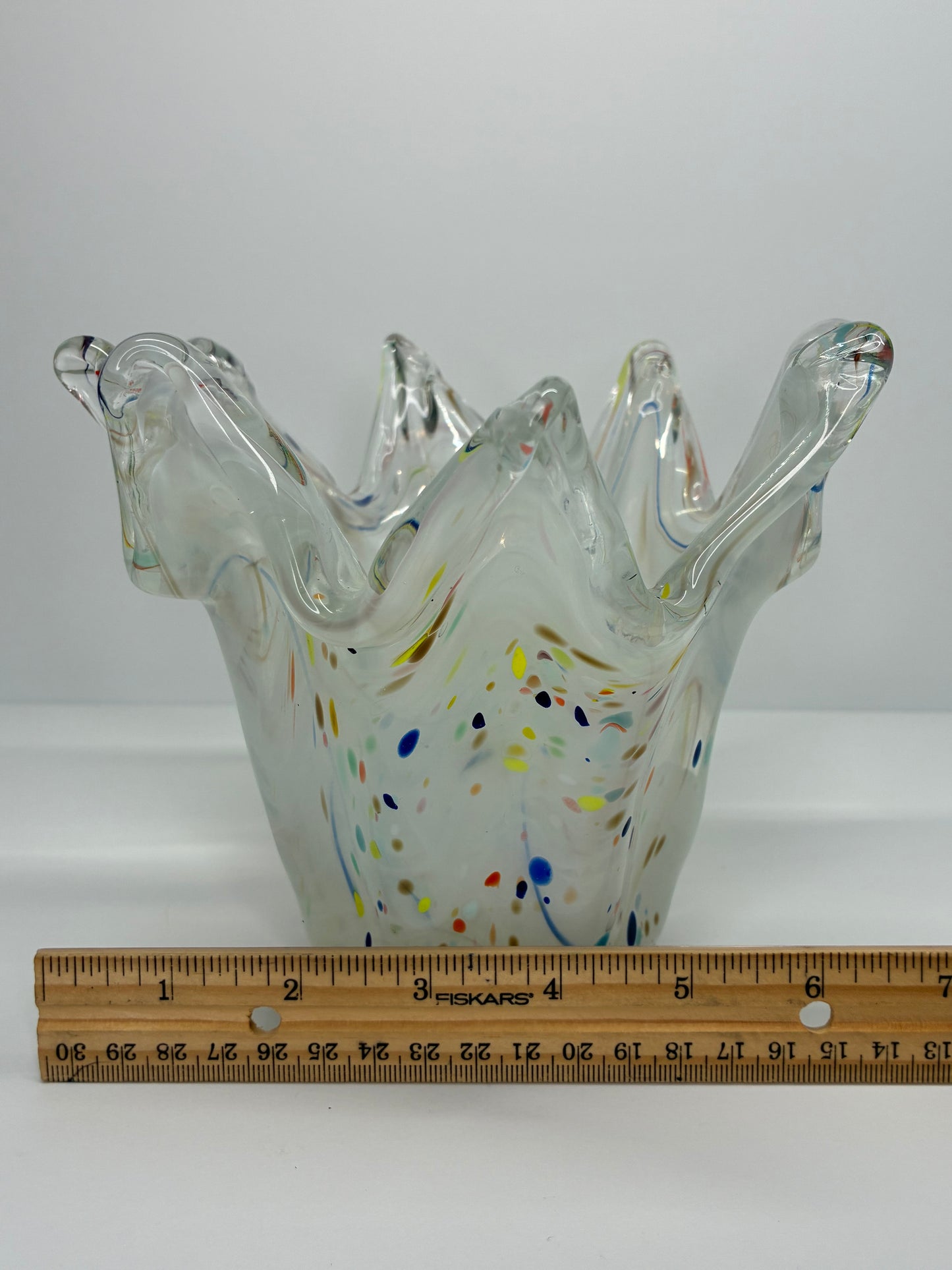 Murano Glass Authentic Italian Handmade Rainbow Speckled Crown Shaped Vase