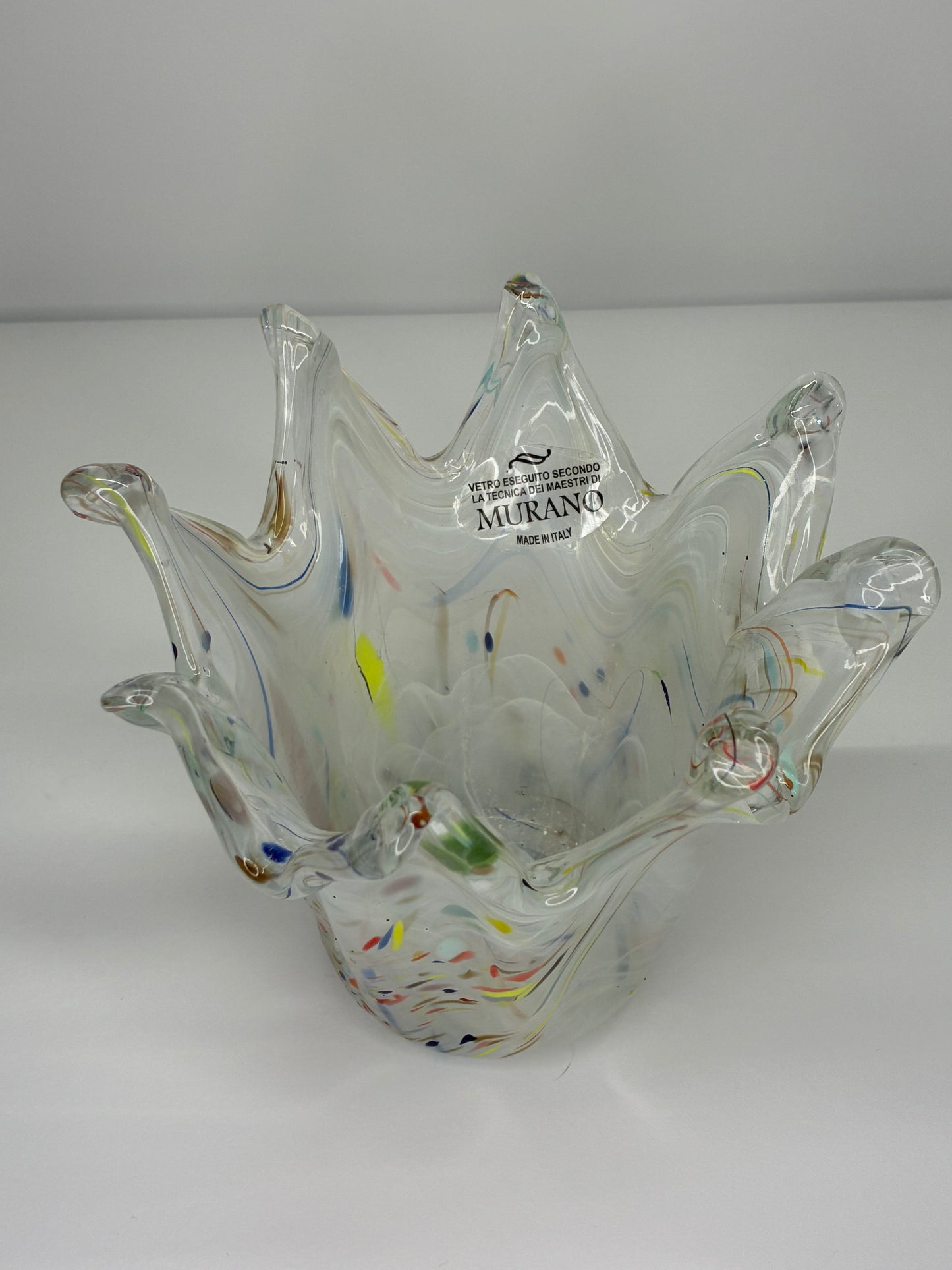 Murano Glass Authentic Italian Handmade Rainbow Speckled Crown Shaped Vase