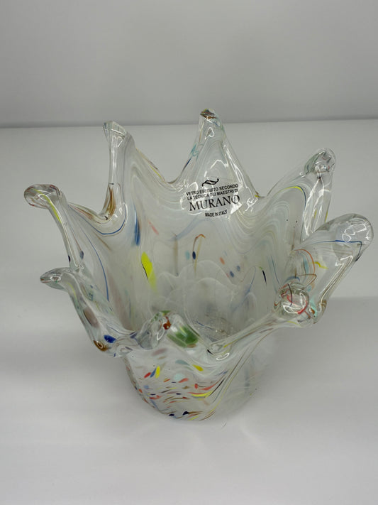 Murano Glass Authentic Italian Handmade Rainbow Speckled Crown Shaped Vase