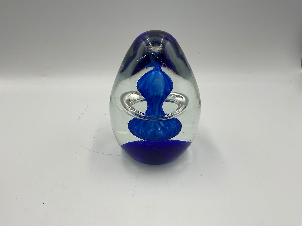 Bohemia Style Cobalt Blue Art Glass Egg Paperweight Clear Swirl