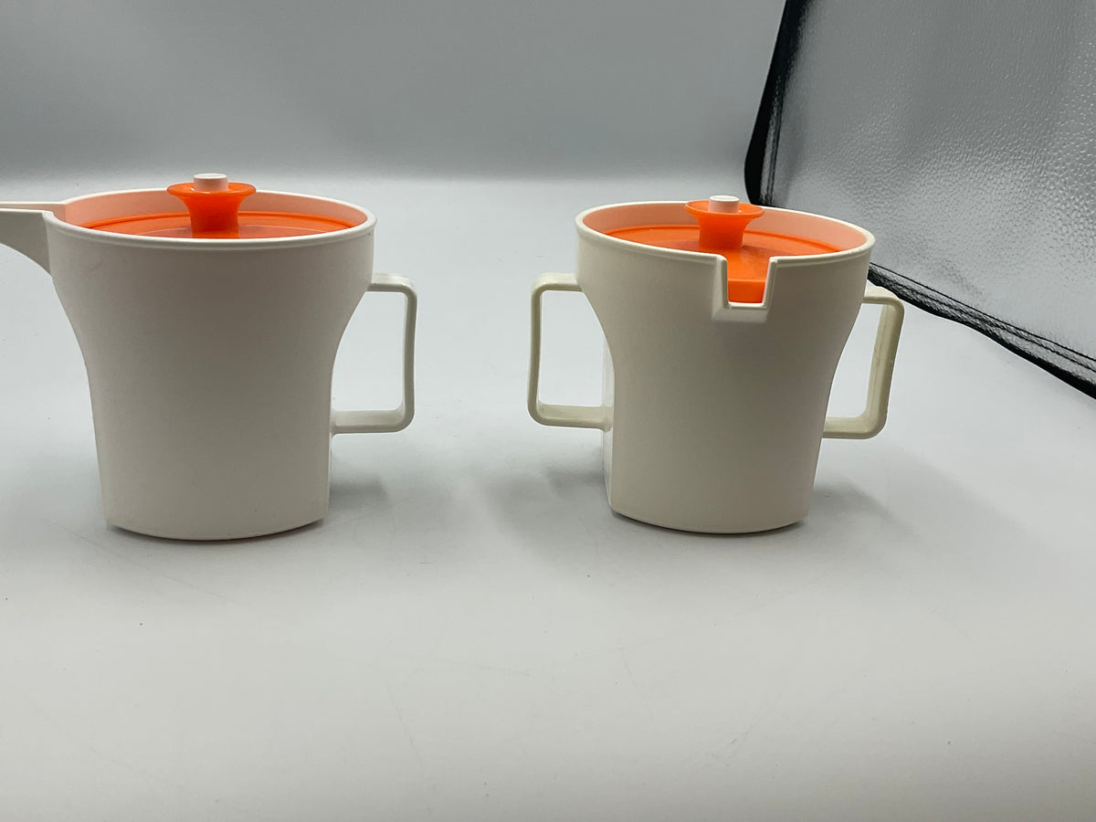 Vintage Tupperware 1414 1415 Sugar Creamer Set Orange Lids Retro