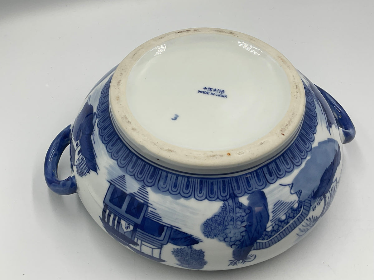 Blue and White Porcelain Lidded Soup Tureen Butterfly Handle Chinoiserie