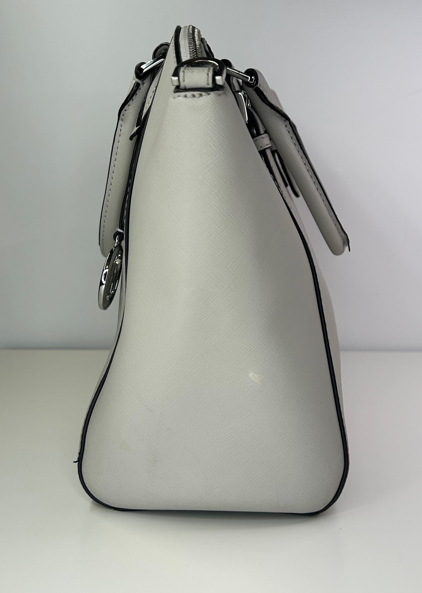 Michael Kors Ciara Large Light Stone Leather Top Zip Satchel Crossbody Purse Bag