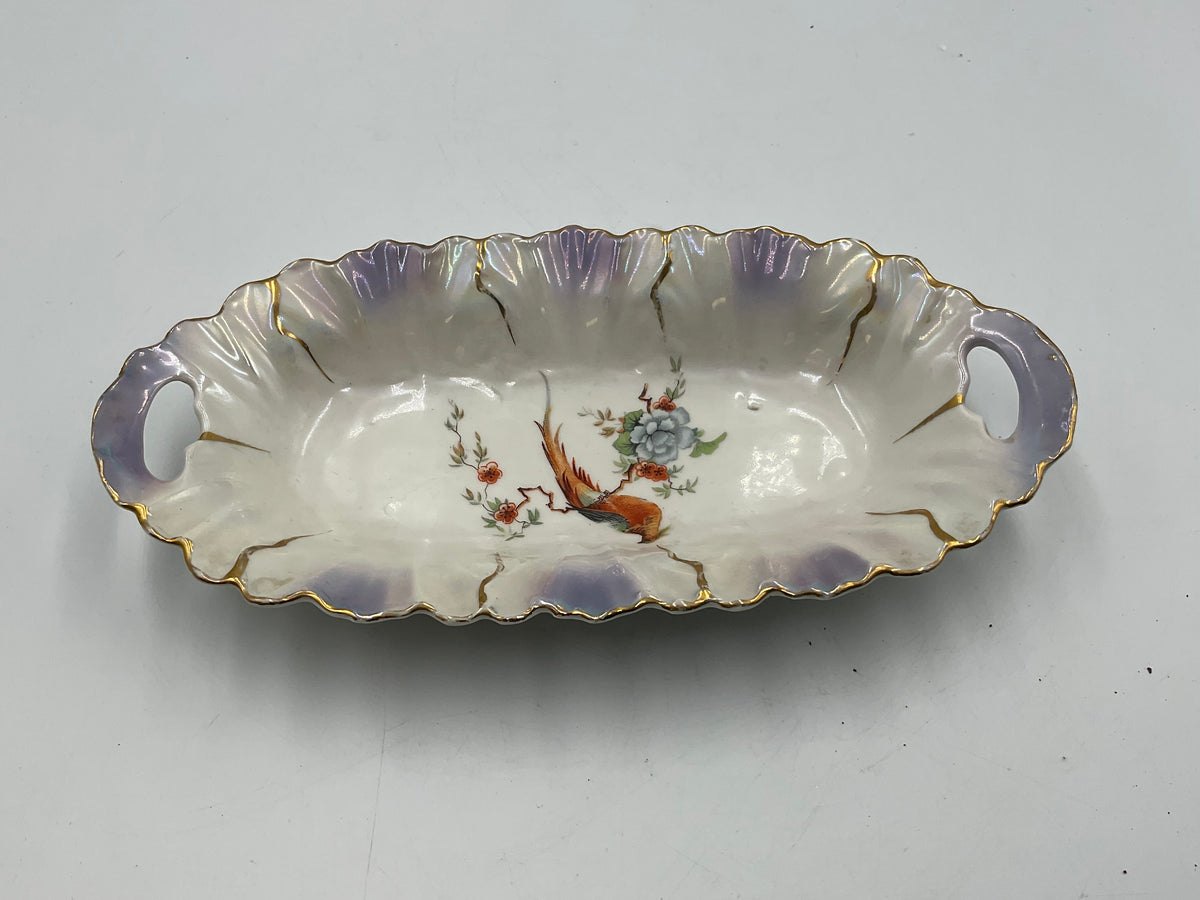 German Vintage Lusterware Bird Scene Designed Celery Dish