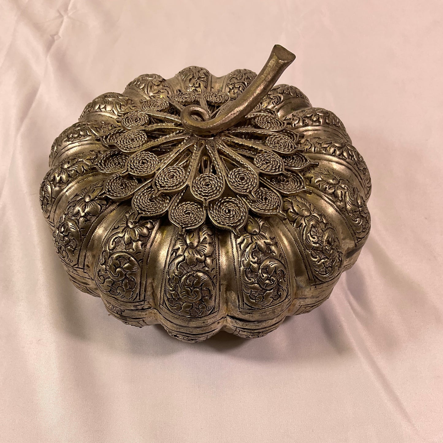Vintage Cambodian Pumpkin Trinket Betel Nut Box Possibly Silver-Plated