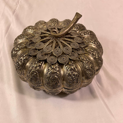 Vintage Cambodian Pumpkin Trinket Betel Nut Box Possibly Silver-Plated