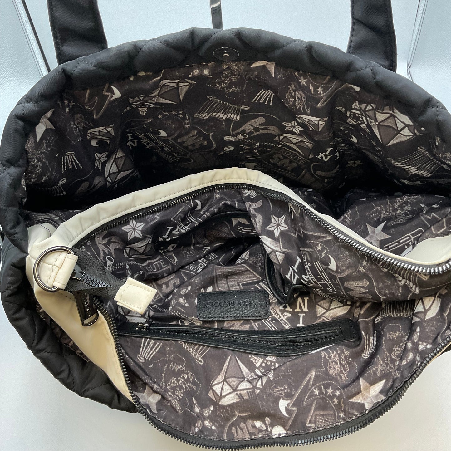 Steve Madden Black Quilted Messenger Tote Bag