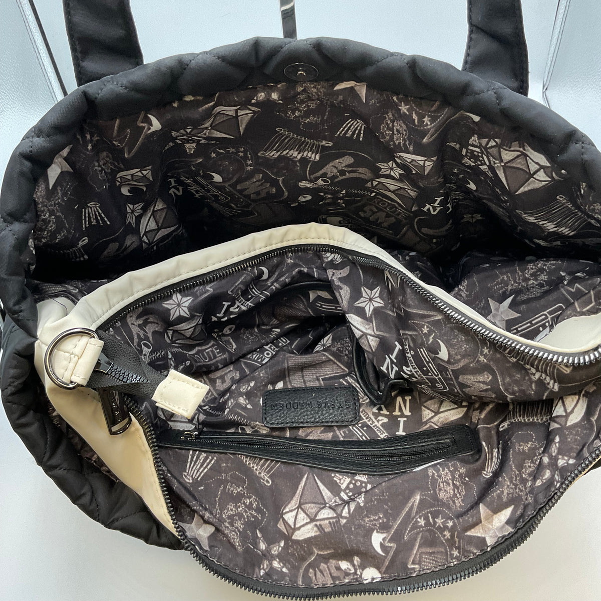 Steve Madden Black Quilted Messenger Tote Bag