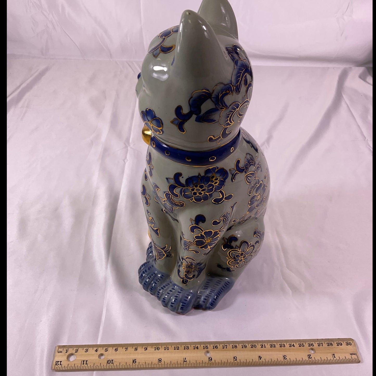 Porcelain Artwork Hand Painted Cat Blue Floral Pattern Gold Accents Vintage 2002