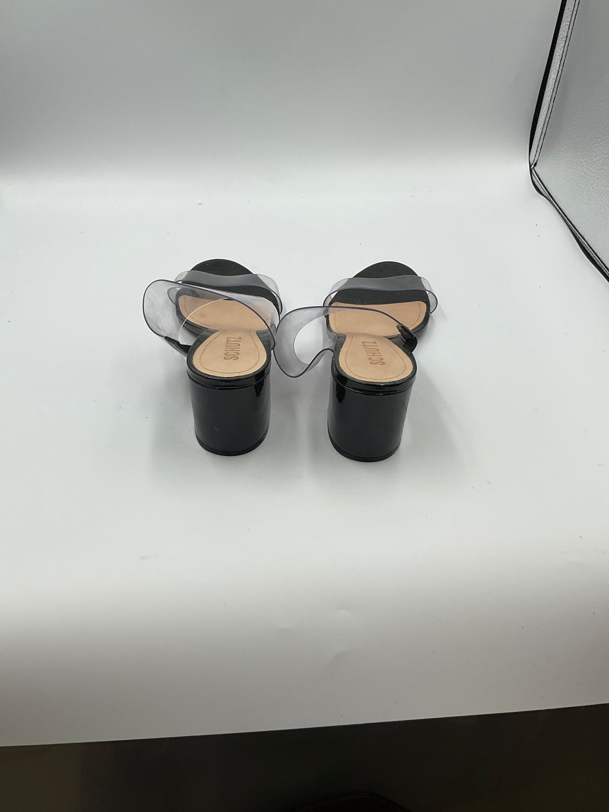 Schutz Victorie Clear Vinyl Double Strap Block Heel Slide Sandals Black Size 8.5 B