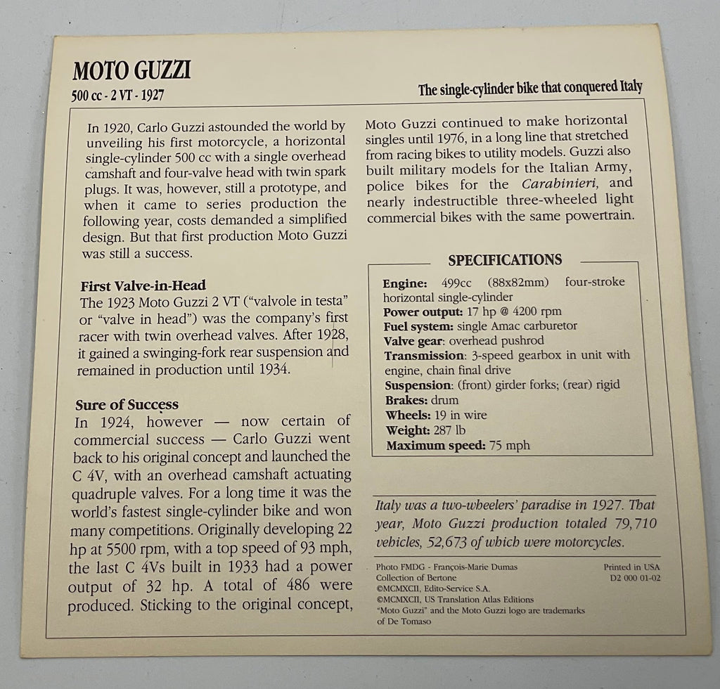 Vintage AJS 500cc Supercharged V4 Competition Motorcycle Info Card Spec Sheet