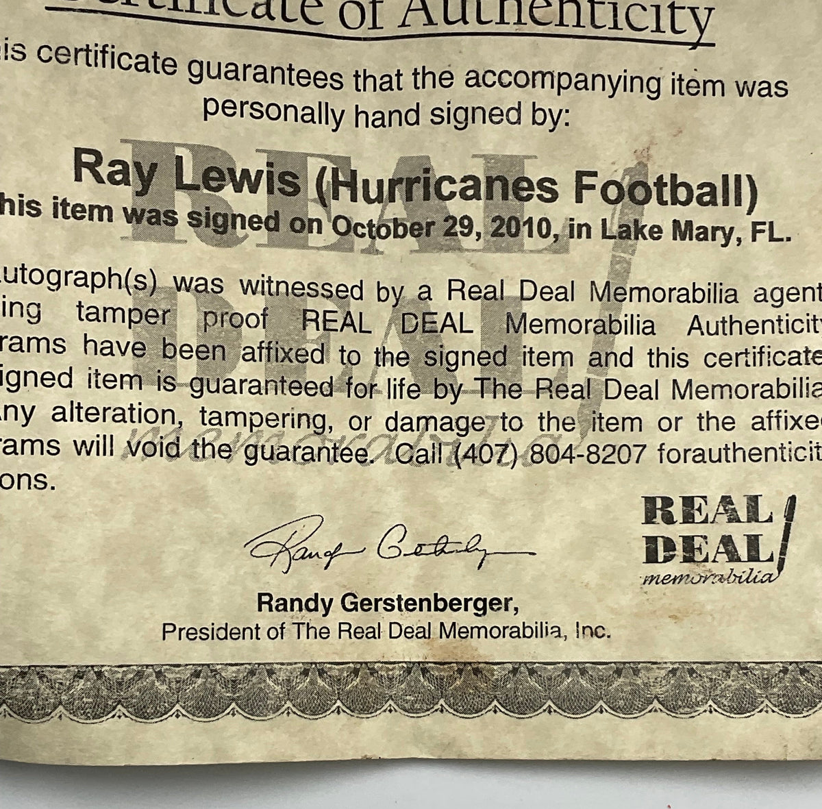Ray Lewis Autographed University of Miami Hurricanes Football W Certificate of Authenticity