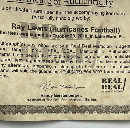 Ray Lewis Autographed University of Miami Hurricanes Football W Certificate of Authenticity
