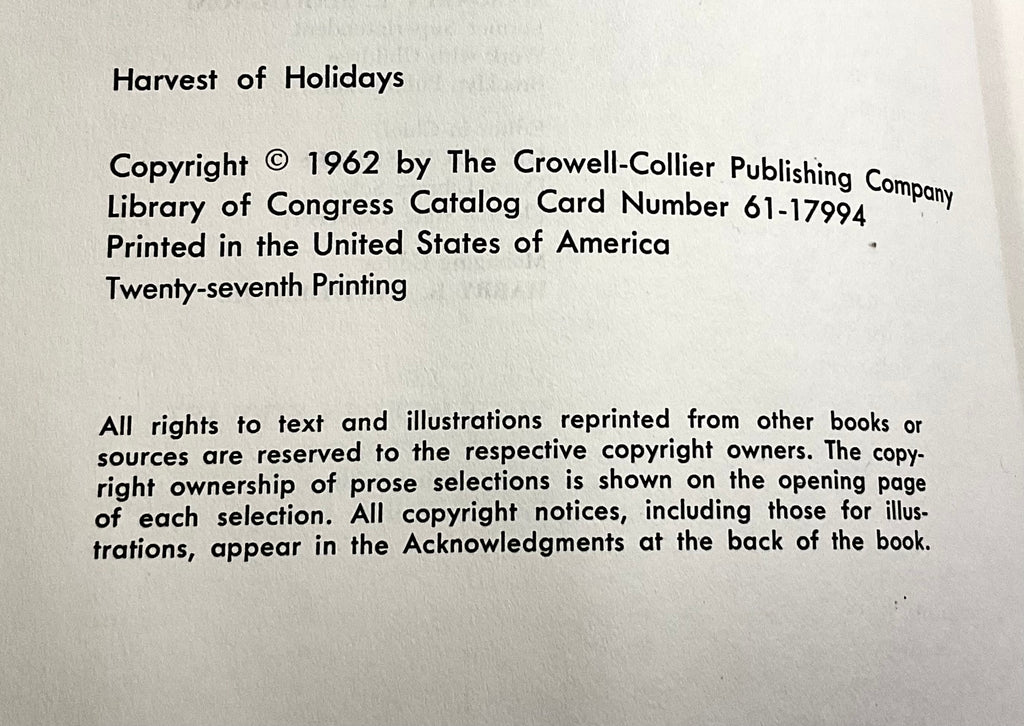 Harvest of Holidays Collier's Junior Classics Series #6 Vintage 1962 Hardcover Book Crowell-Collier Publishing Company