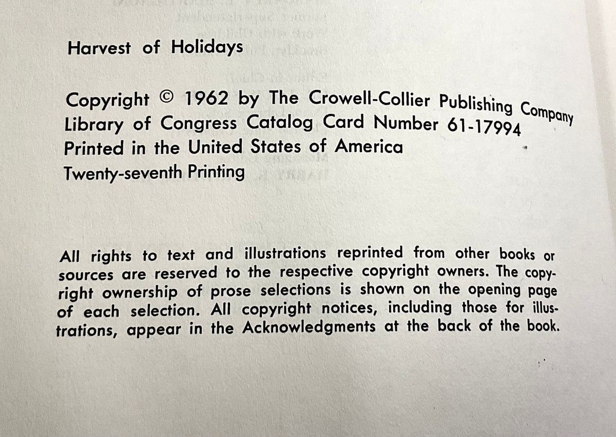 Harvest of Holidays Collier's Junior Classics Series #6 Vintage 1962 Hardcover Book Crowell-Collier Publishing Company