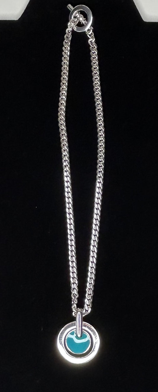 Teal and Silver Tone Circular Pendant 16" Necklace