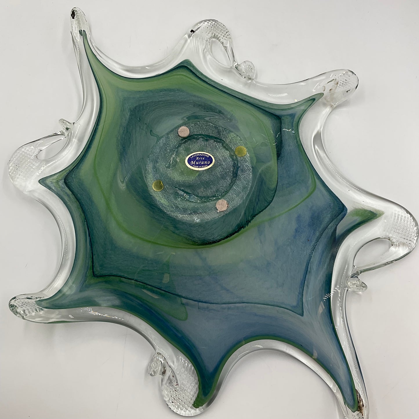 Murano Art Glass Bowl Blue with Green Swirls