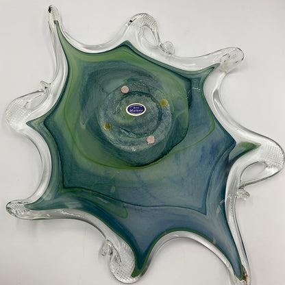 Murano Art Glass Bowl Blue with Green Swirls