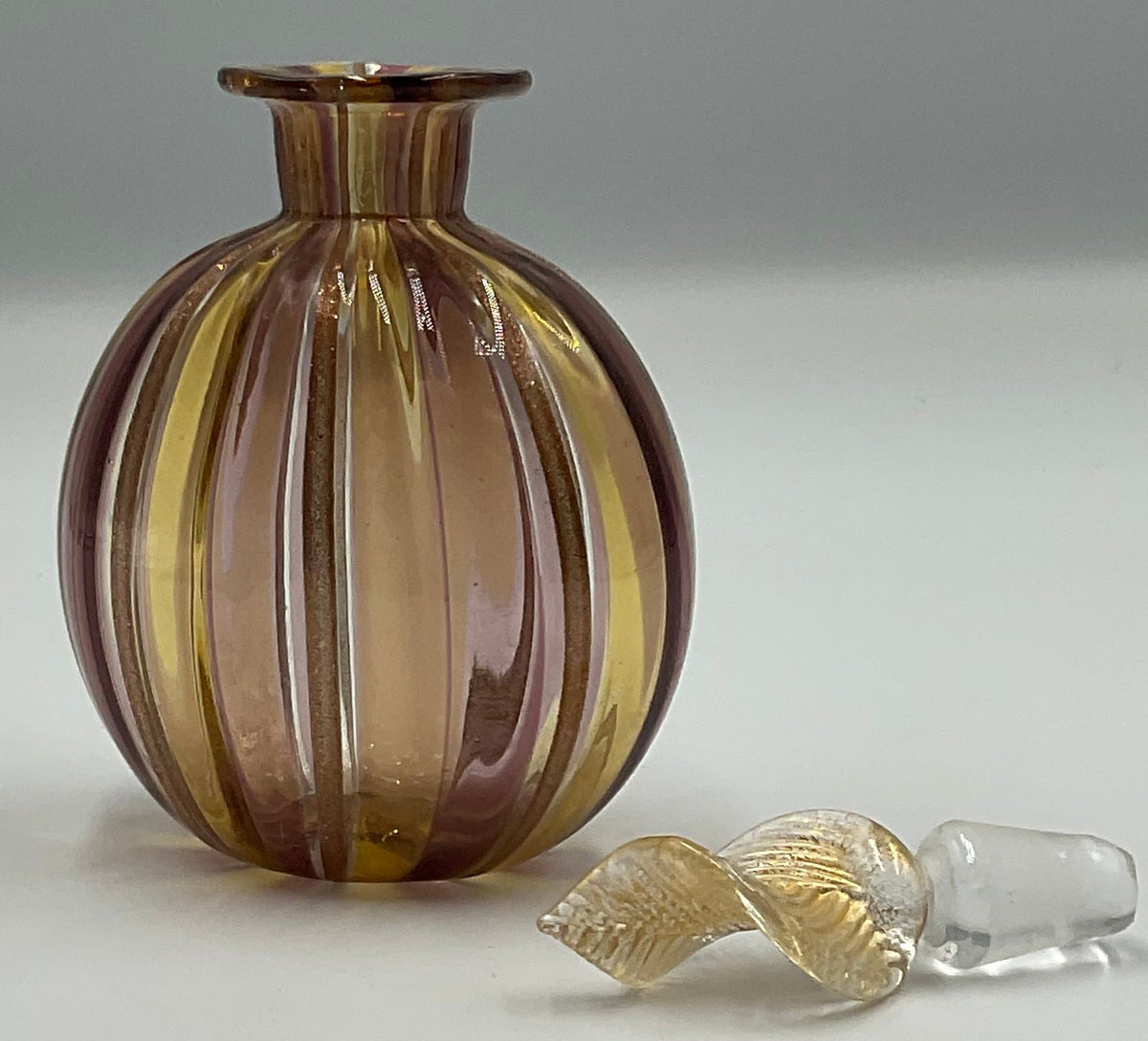 Murano Style Striped Art Glass Bottles Gold Aventurine Stoppers Set of 2