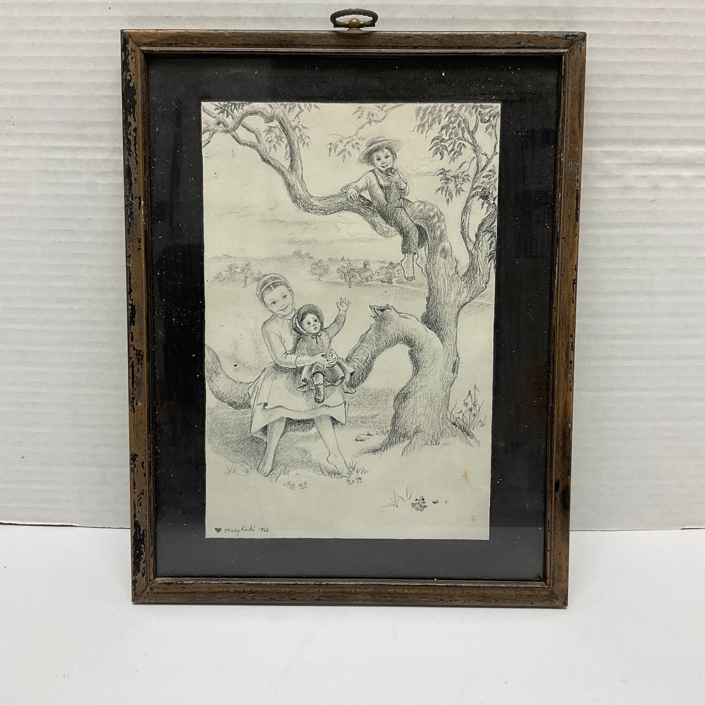 Mary Koski Artist Vintage 1966 Framed Pencil Art Sketch Children at Play