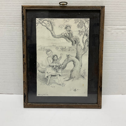 Mary Koski Artist Vintage 1966 Framed Pencil Art Sketch Children at Play