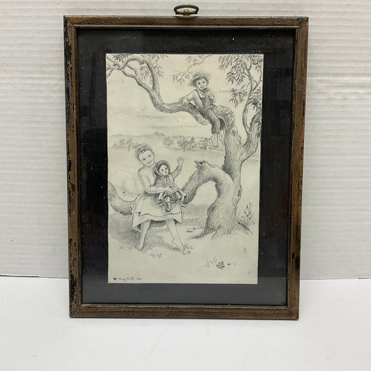 Mary Koski Artist Vintage 1966 Framed Pencil Art Sketch Children at Play
