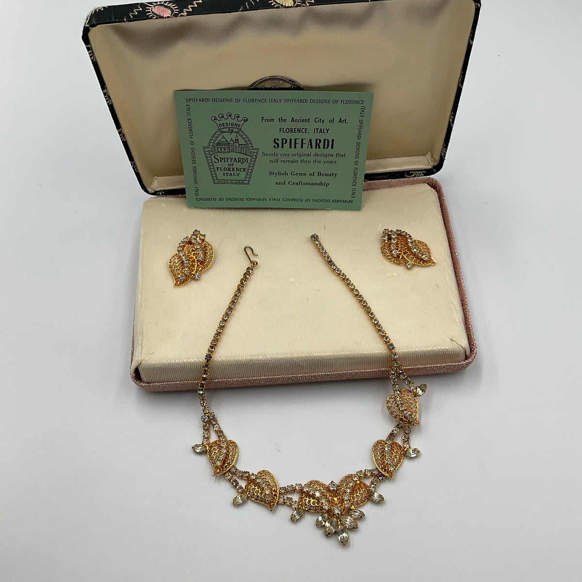 Gold Tone Rhinestone Leaf Necklace And Earrings”Spiffardi  of Florence Of Italy”