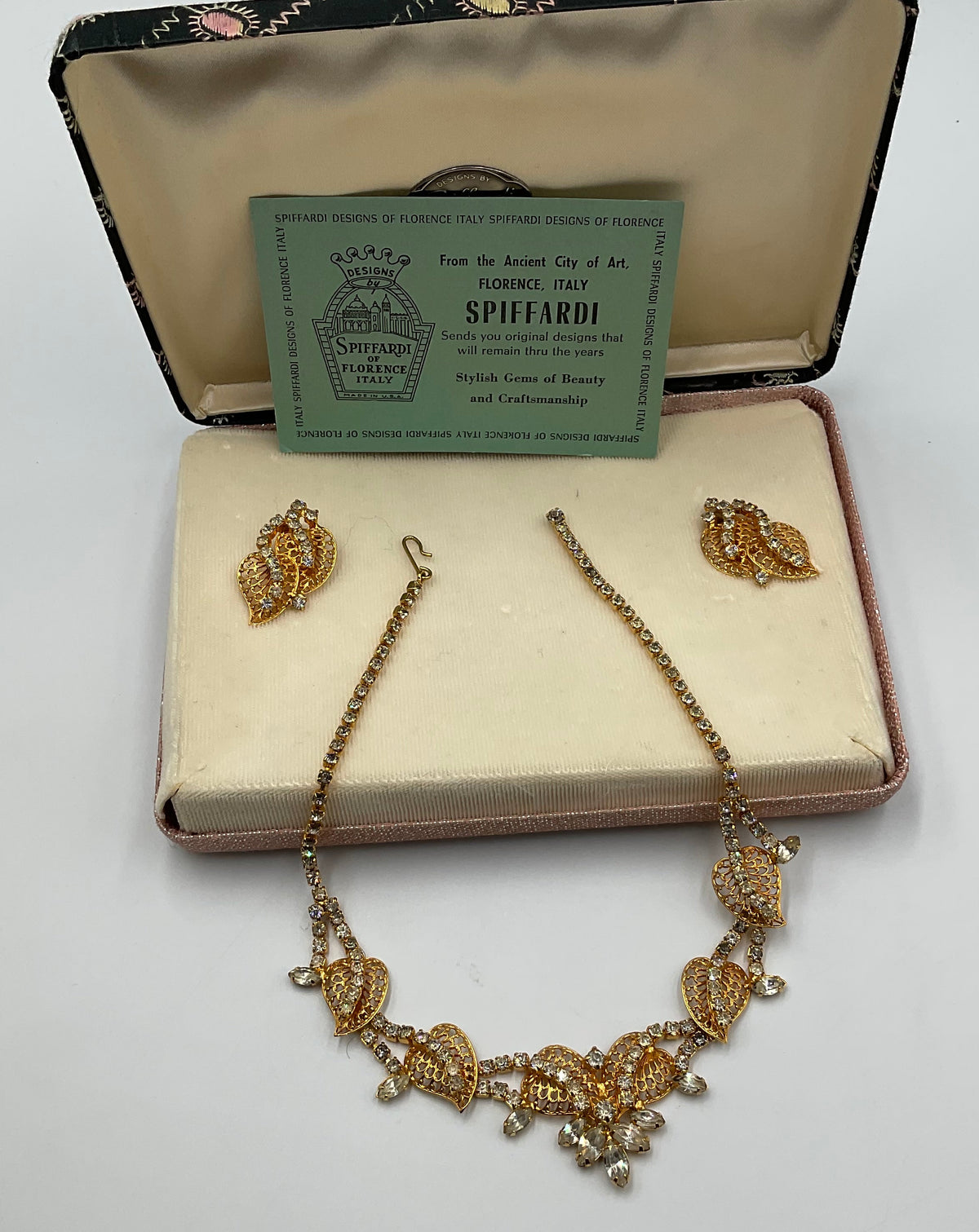 Gold Tone Rhinestone Leaf Necklace And Earrings”Spiffardi  of Florence Of Italy”