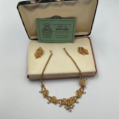 Gold Tone Rhinestone Leaf Necklace And Earrings”Spiffardi  of Florence Of Italy”