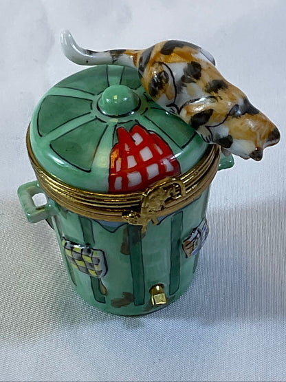 Peint a la Main Limoges France Authentic Vintage Collectible Hand Painted Porcelain Cat on Garbage Can Trinket Box