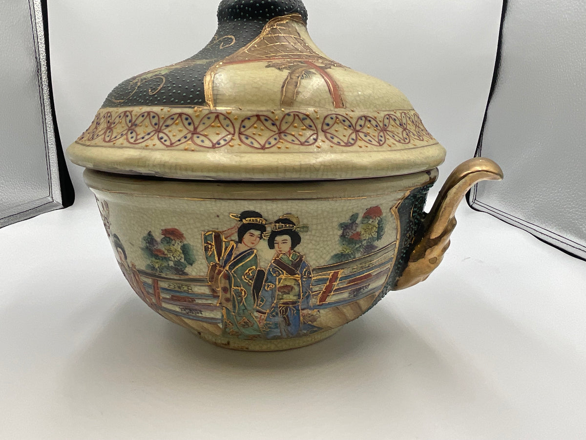 vintage Japanese Satsuma style earthenware covered tureen or casserole dish