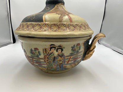 vintage Japanese Satsuma style earthenware covered tureen or casserole dish