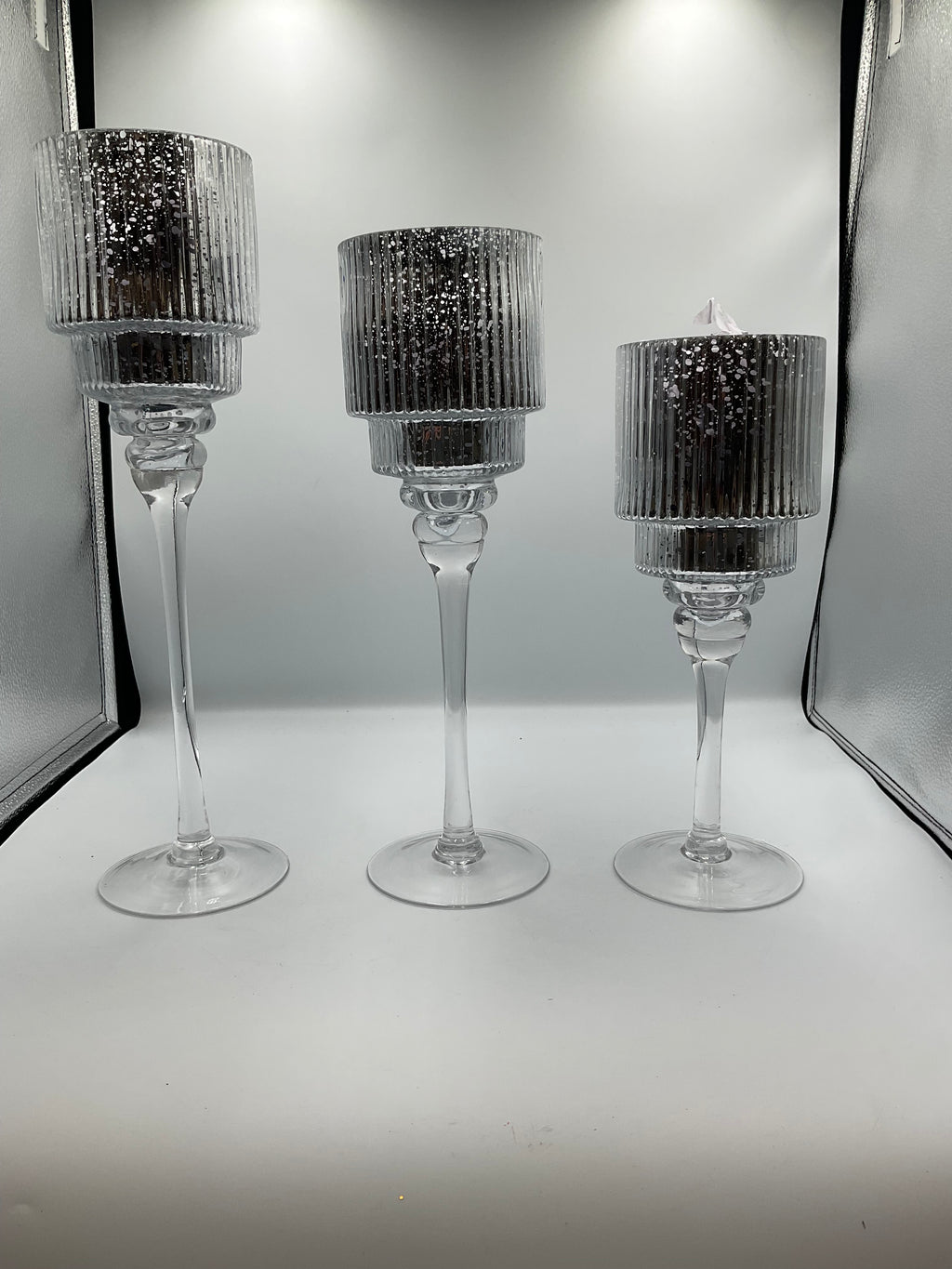 Kirkland home set of 3 glass silver hurricanes