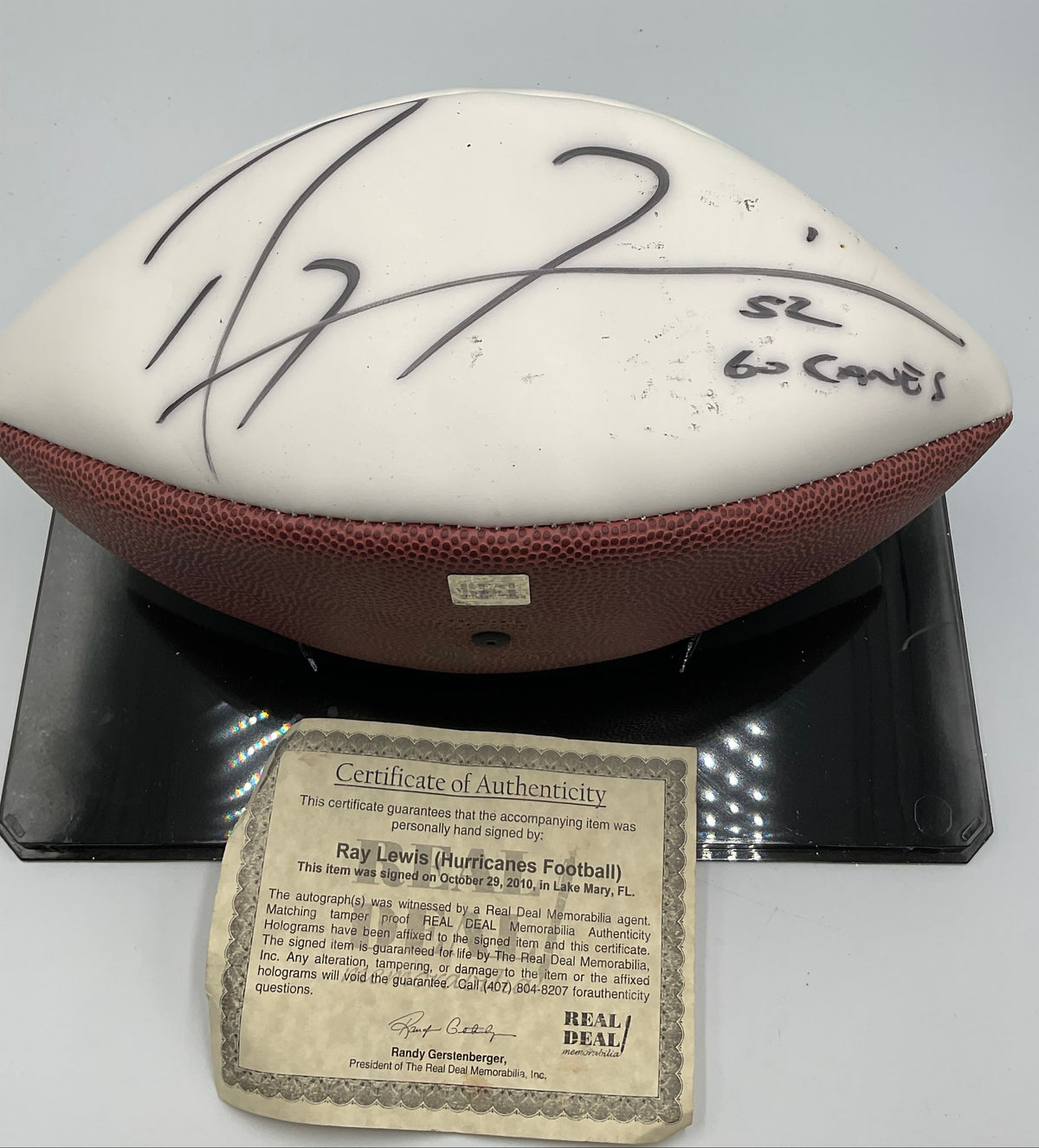 Ray Lewis Autographed University of Miami Hurricanes Football W Certificate of Authenticity