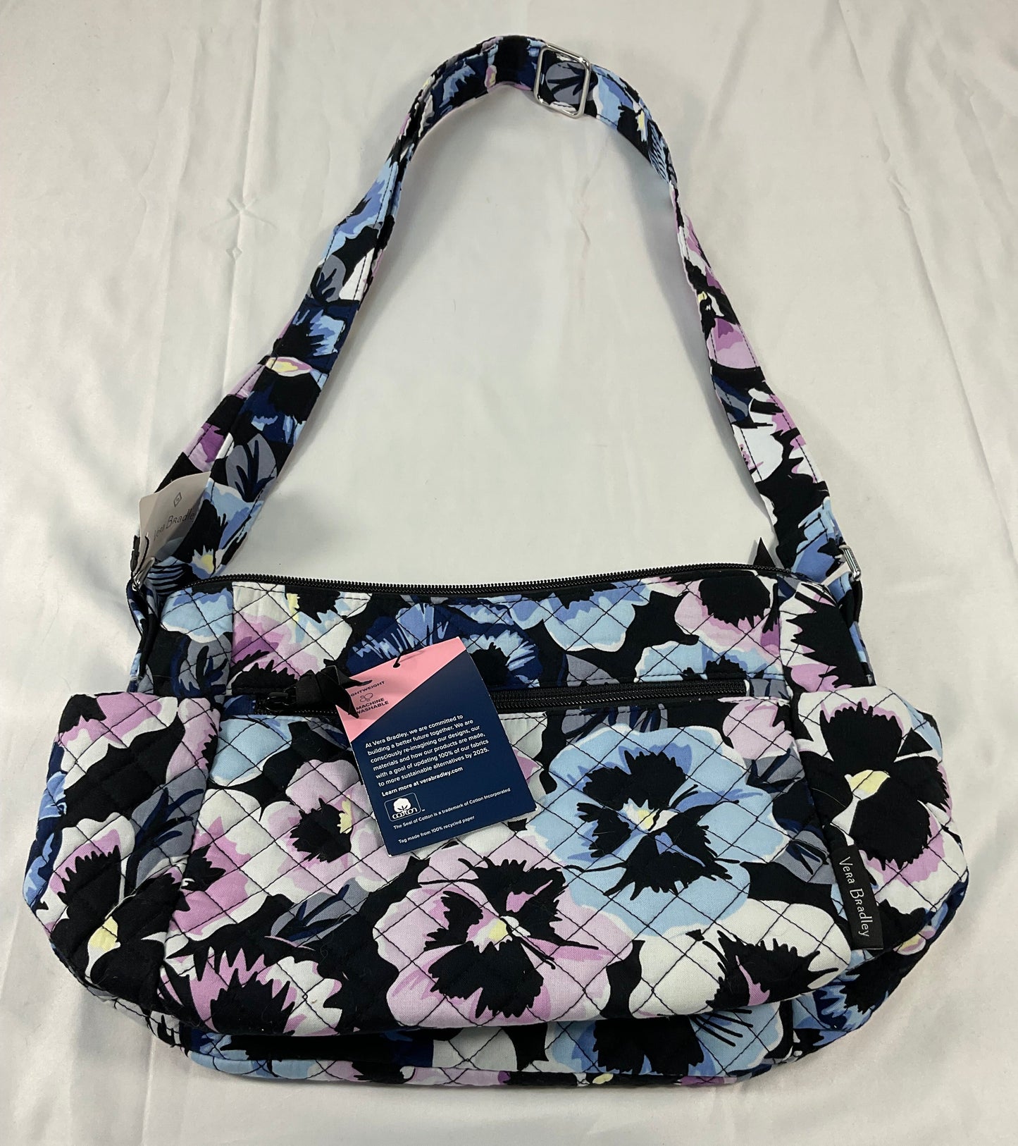 Vera Bradley Plum Pansies On the Go Crossbody Cotton Purse New with Tags 18in Strap