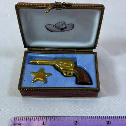 Peint Main Limoges France Marque Deposee Signed PV Hand Painted Wanted Poster Box Mini Removable Revolver