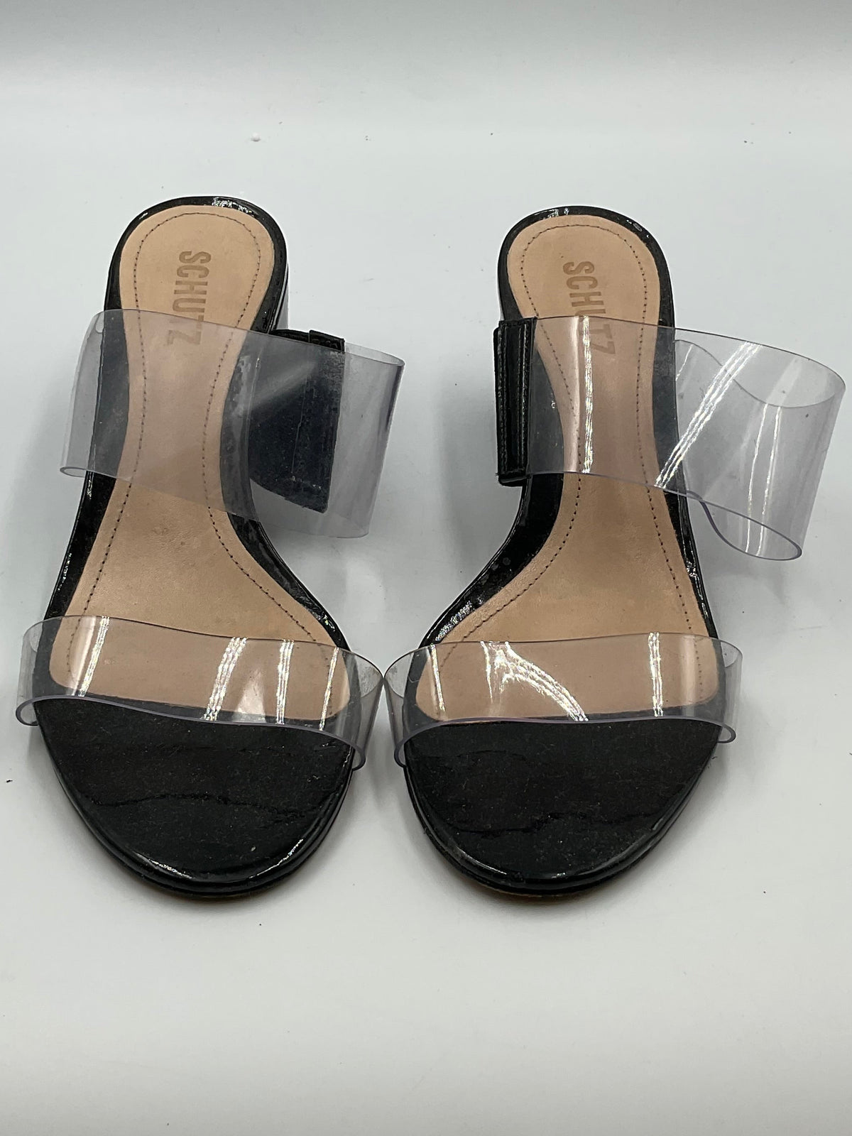 Schutz Victorie Clear Vinyl Double Strap Block Heel Slide Sandals Black Size 8.5 B