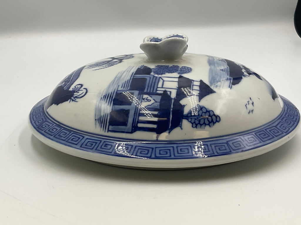 Blue and White Porcelain Lidded Soup Tureen Butterfly Handle Chinoiserie