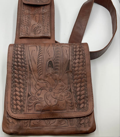 Leaders in Leather Brown Hand Tooled Leather Western Crossbody Messenger Bag