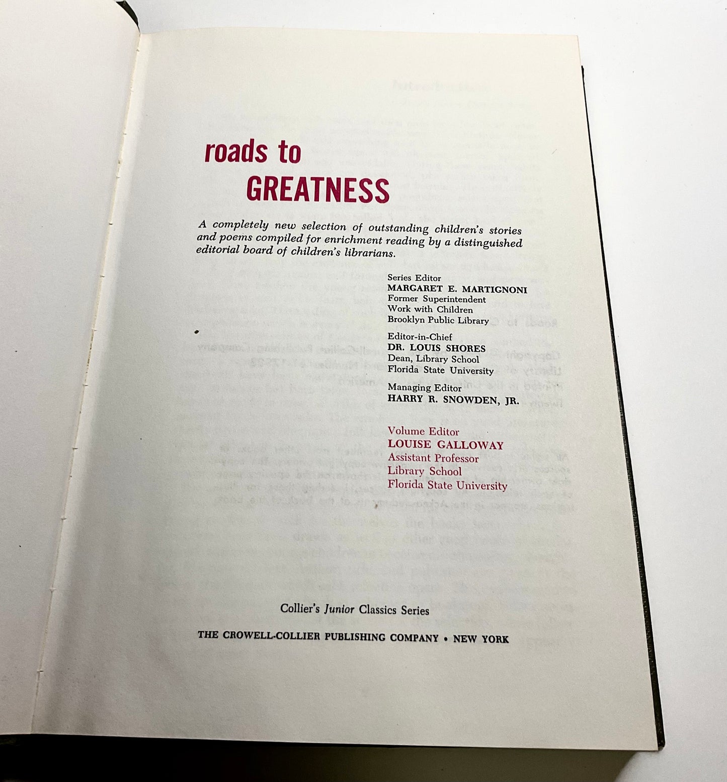 Roads to Greatness Collier's Junior Classics Series #8 Vintage 1962 Hardcover Book Crowell-Collier Publishing Company