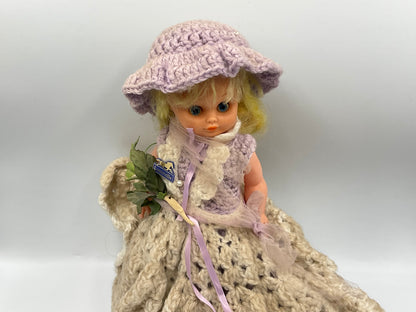 Vintage Doll Lavender Hand Crochet Victorian Dress Hat Handmade Outfit