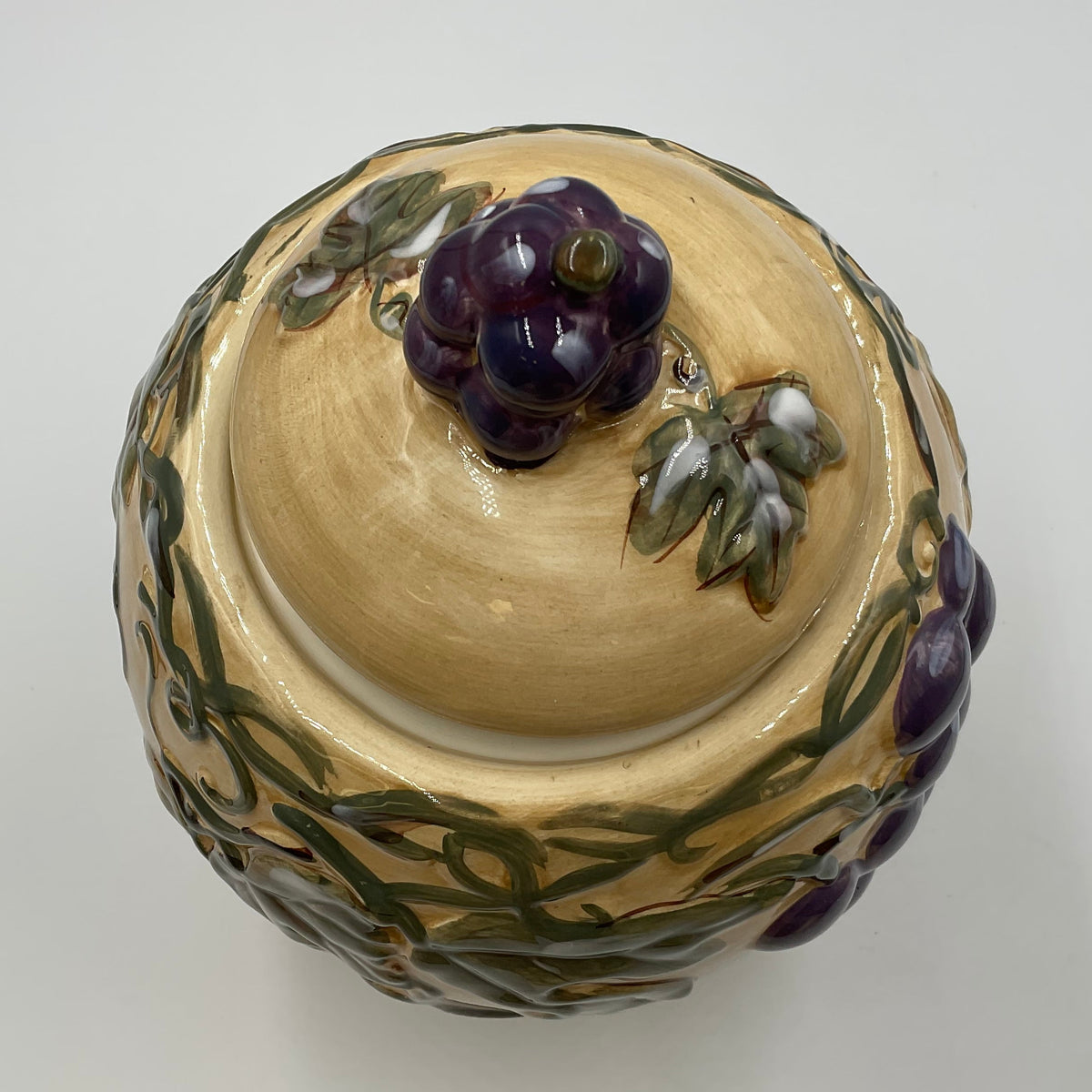 Meritage Ceramic Grape Vine Covered Canister Jar Raised Fruit Design