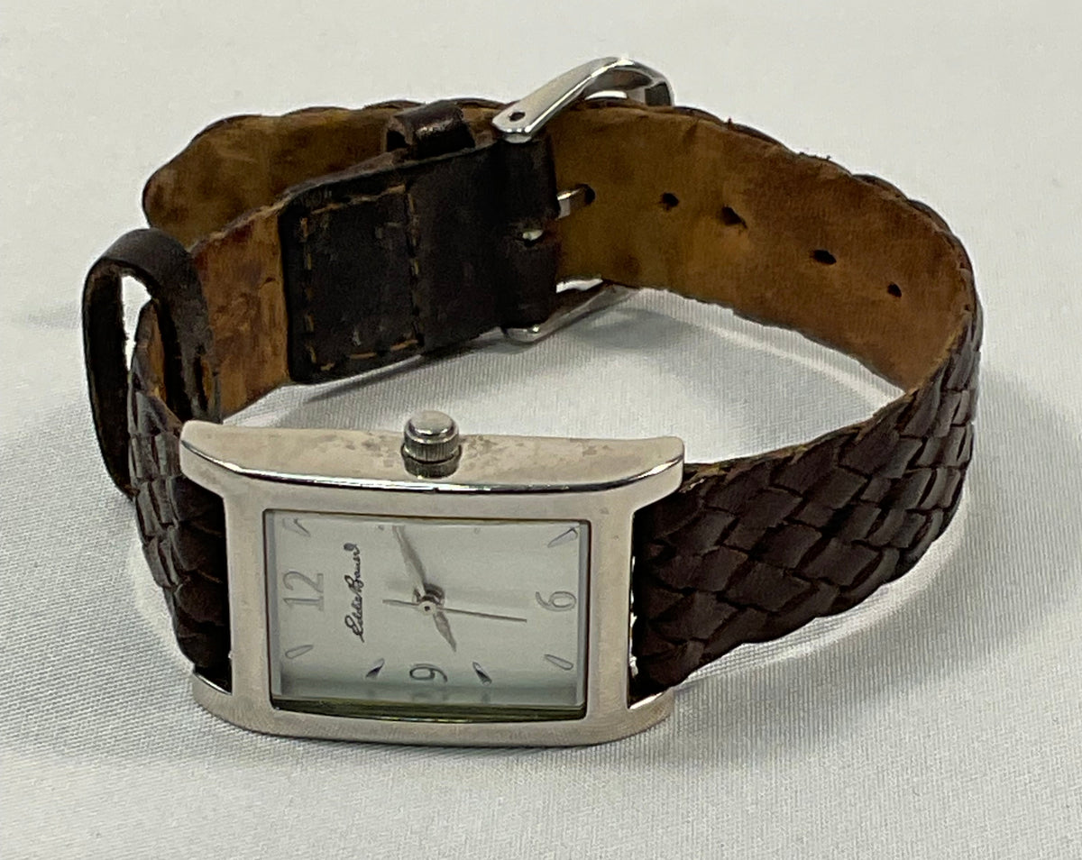 Eddie Bauer Quartz Silvertone Women's Watch Braided Brown Leather Band Working New Battery