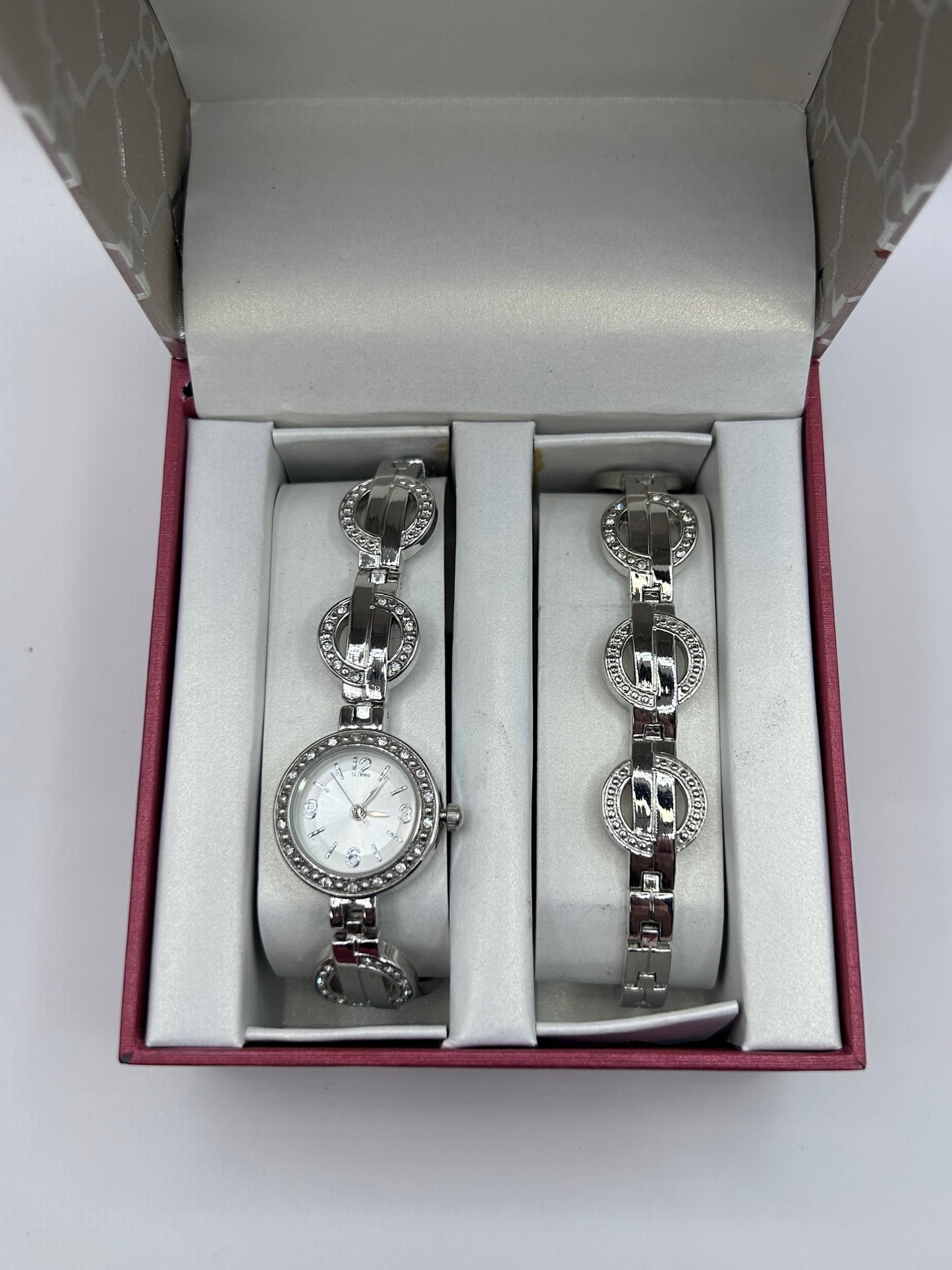 Silvertone and Clear Stone Ladies Watch and Bracelet Set in Original Box