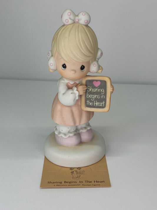Precious Moments Vintage 1988 Sharing Begins in the Heart Hand Painted Porcelain Collectible Figurine Original Box