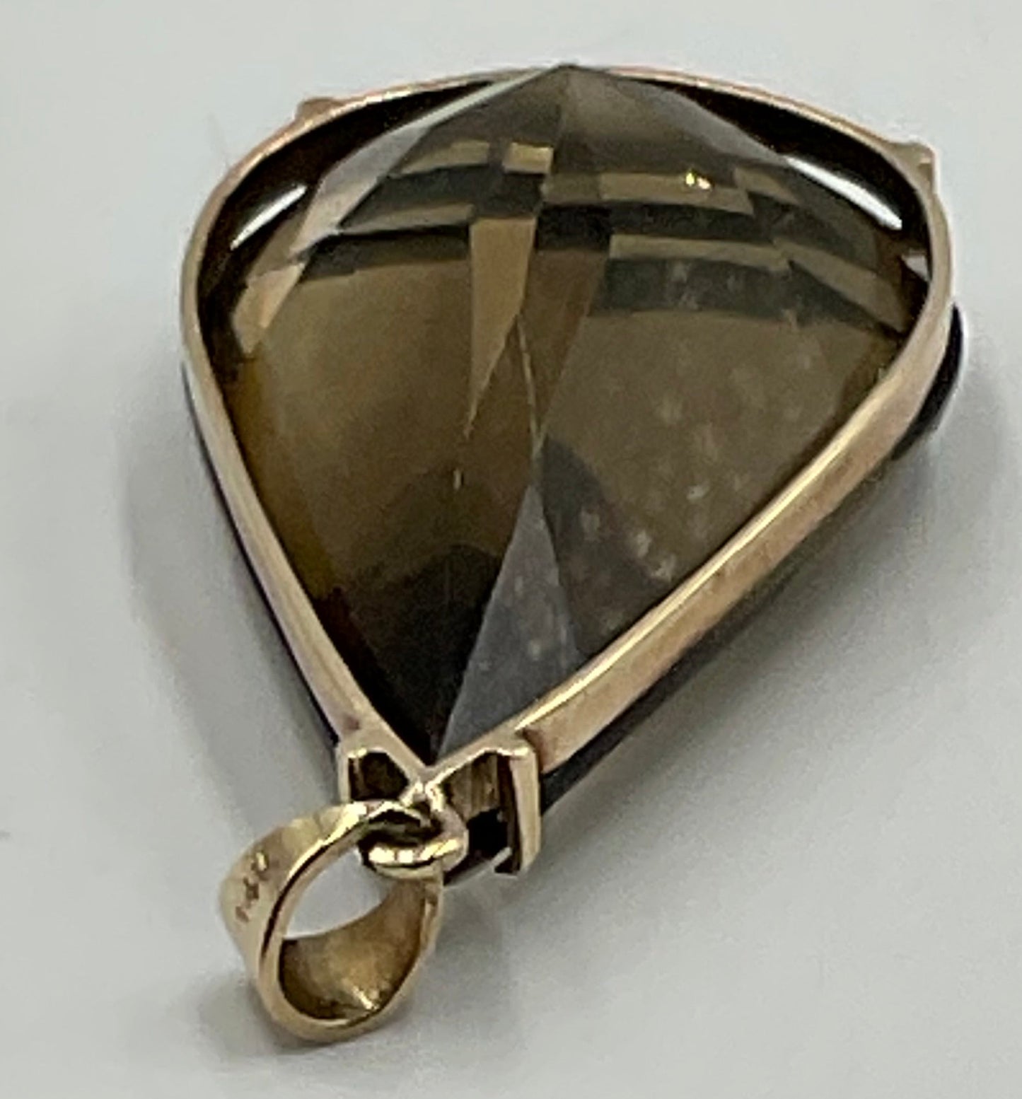 14K Gold Marked Smokey Quartz Pear Cut Gemstone Pendant 23.9g