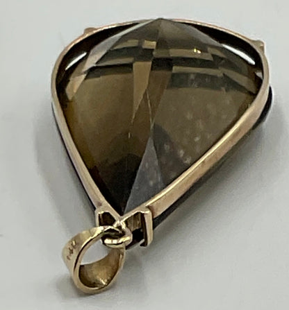 14K Gold Marked Smokey Quartz Pear Cut Gemstone Pendant 23.9g